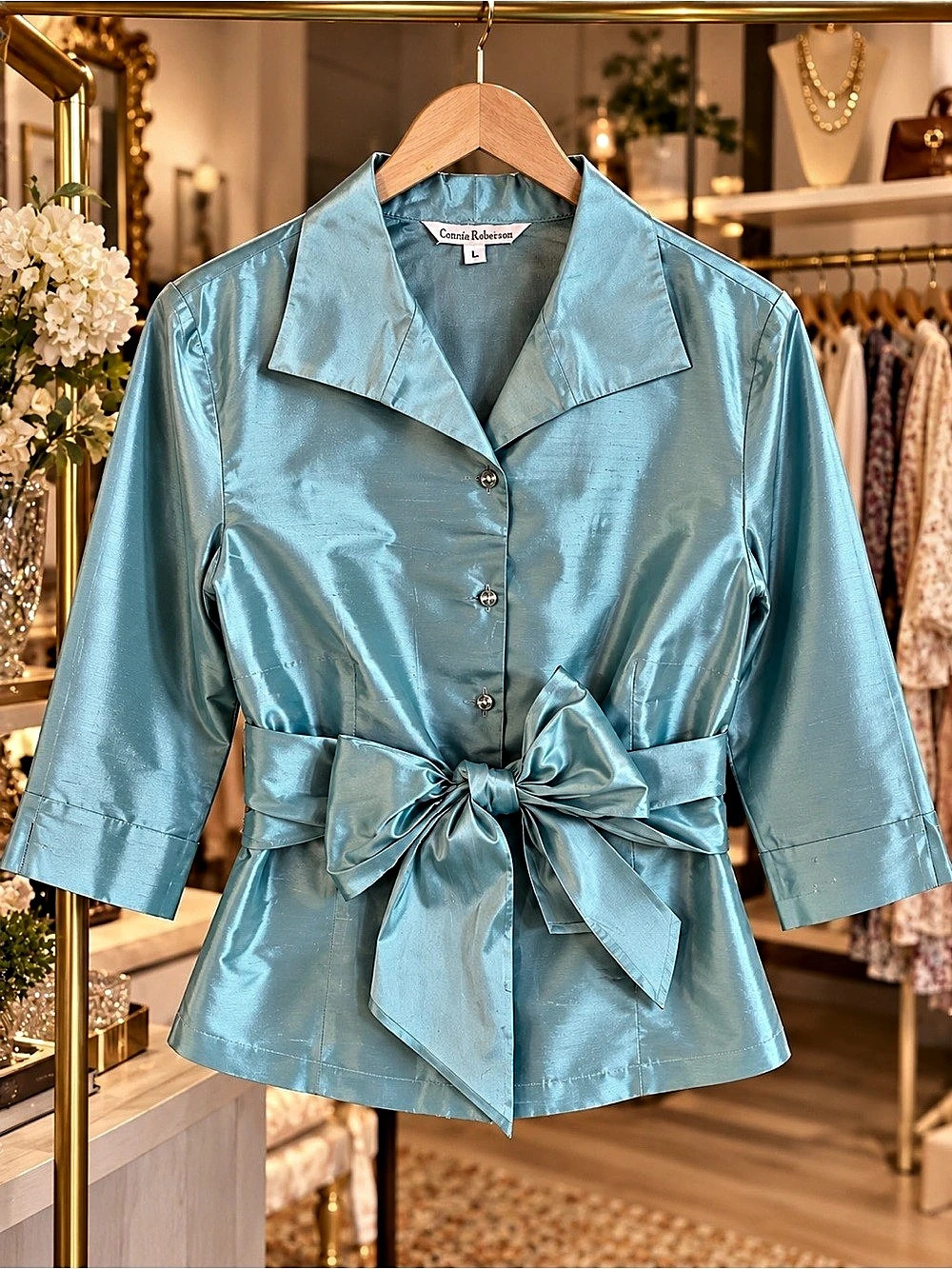 Connie Roberson Silk Belted blouse in a vintage  Blue Size Large Like New